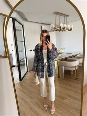 Lacivert Etnik Desenli Ara Boy Kimono 2130