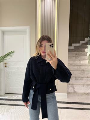 Lacivert Fermuarlı Kemerli Düğmeli Yünlü Triko Hırka -60988