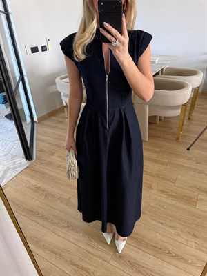 Lacivert Fermuarlı Vatkalı Elbise-3004