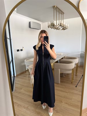 Lacivert Fermuarlı Vatkalı Elbise-3004