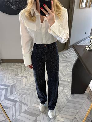 Lacivert Full Taşlı Straight Jean