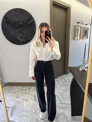 Lacivert Full Taşlı Straight Jean