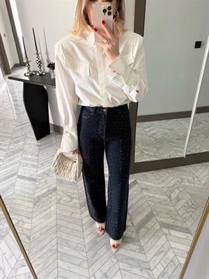 Lacivert Full Taşlı Straight Jean