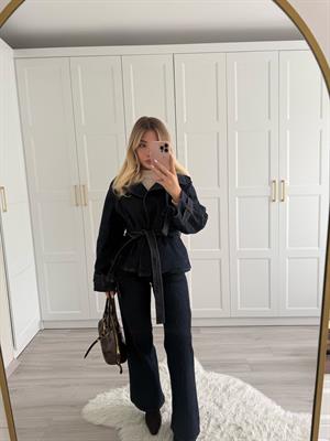Lacivert Geniş Yakalı Kuşaklı Denim Takım