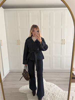 Lacivert Geniş Yakalı Kuşaklı Denim Takım