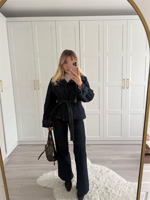 Lacivert Geniş Yakalı Kuşaklı Denim Takım