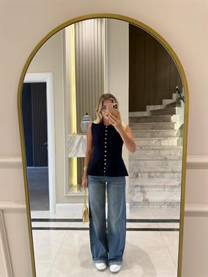 Lacivert Gold Düğmeli Yakalı Yelek 