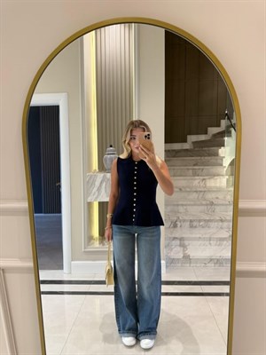 Lacivert Gold Düğmeli Yakalı Yelek