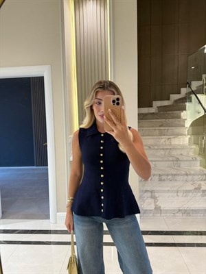 Lacivert Gold Düğmeli Yakalı Yelek