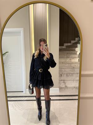 Lacivert Kemerli Fırfırlı Elbise-35524