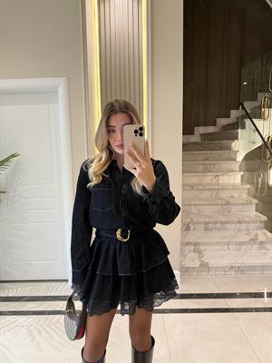 Lacivert Kemerli Fırfırlı Elbise-35524