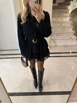 Lacivert Kemerli Fırfırlı Elbise-35524