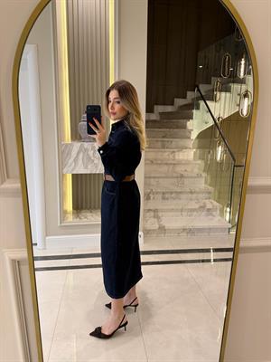 Lacivert Kendinden Kemerli Denim Elbise