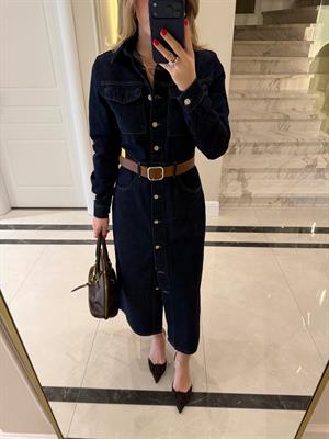 Lacivert Kendinden Kemerli Denim Elbise