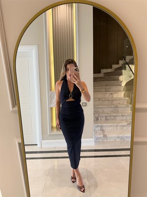 Lacivert Metal Aksesuarlı Sırtı Açık Denim Elbise-8217