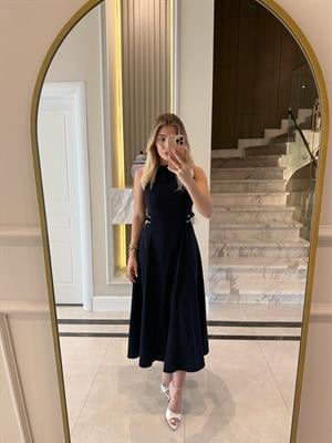 Lacivert Parçalı Kemer Detaylı Elbise 