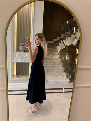 Lacivert Parçalı Kemer Detaylı Elbise 