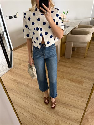 Lacivert Puantiyeli Kısa Kollu Crop Ceket