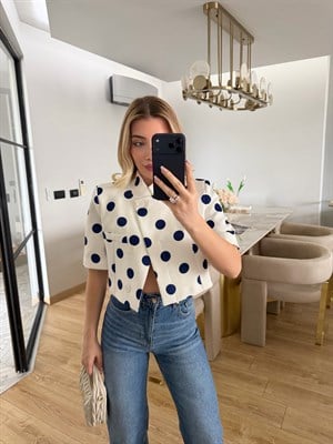 Lacivert Puantiyeli Kısa Kollu Crop Ceket