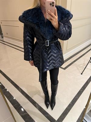 Lacivert Rugan Kürk Detaylı Şişme Mont