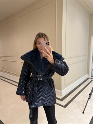 Lacivert Rugan Kürk Detaylı Şişme Mont