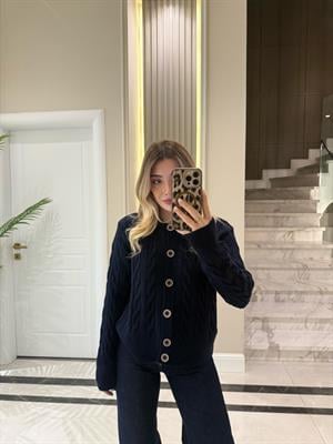 Lacivert Saç Örgülü Düğmeli Hırka-1030