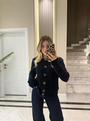 Lacivert Saç Örgülü Düğmeli Hırka-1030
