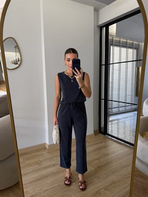 Lacivert Sıfır Kol Modal Kumaşlı Bluz Pantolon İkili Takım - 7272