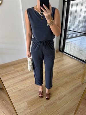Lacivert Sıfır Kol Modal Kumaşlı Bluz Pantolon İkili Takım - 7272
