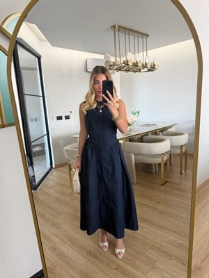 Lacivert Sırt Dekolteli Denim Elbise -1026