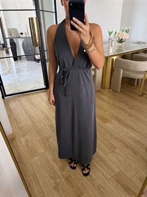 Lacivert Sırtı Açık Pike Elbise-4196