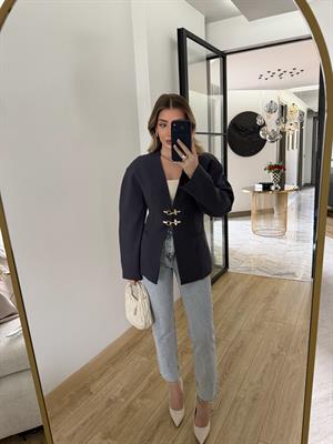 Lacivert Rengi Yakasız Blazer Ceket-9726