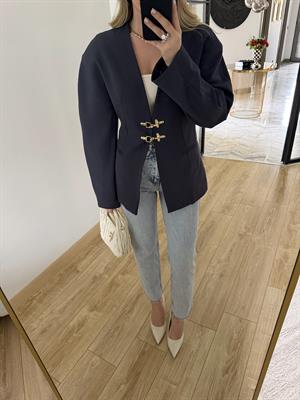 Lacivert Rengi Yakasız Blazer Ceket-9726