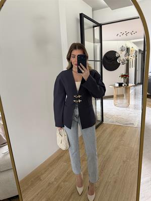 Lacivert Rengi Yakasız Blazer Ceket-9726