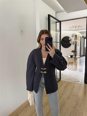Lacivert Rengi Yakasız Blazer Ceket-9726