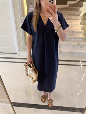 Lacivert V Yaka Ham Keten Midi Boy Elbise-3131