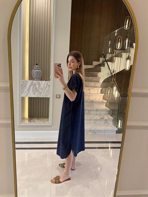 Lacivert V Yaka Ham Keten Midi Boy Elbise-3131