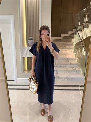 Lacivert V Yaka Ham Keten Midi Boy Elbise-3131