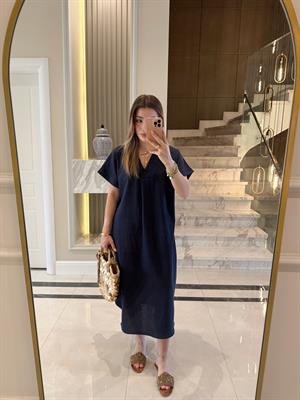 Lacivert V Yaka Ham Keten Midi Boy Elbise-3131