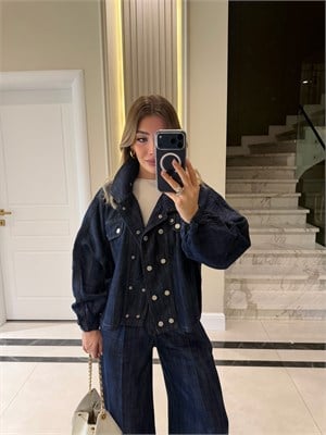 Lacivert Yarasa Kol Denim Takım