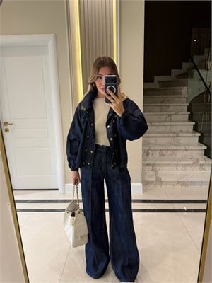 Lacivert Yarasa Kol Denim Takım