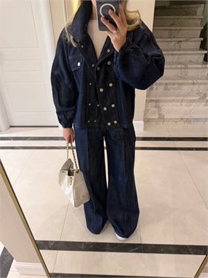 Lacivert Yarasa Kol Denim Takım