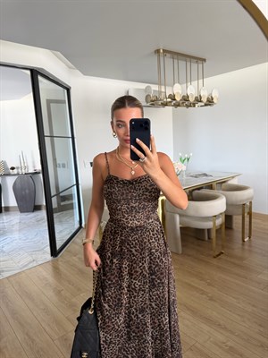 Leopar Askılı Desenli Elbise