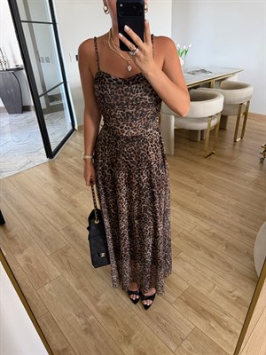 Leopar Askılı Desenli Elbise