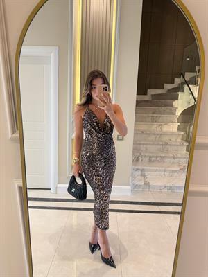 Leopar Desenli Boyudan Bağlamalı Midi Elbise