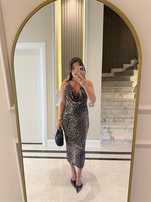 Leopar Desenli Boyudan Bağlamalı Midi Elbise