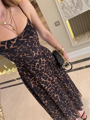 Leopar Desenli Daisy İp Askılı Midi Boy Elbise
