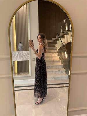 Leopar Desenli Daisy İp Askılı Midi Boy Elbise
