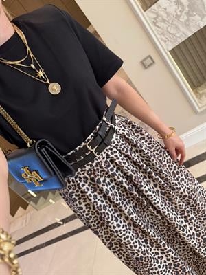 Leopar Desenli Keten Karışımlı Maksi Etek-7138