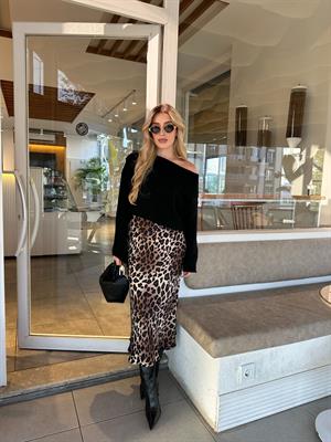 Leopar Desenli Midi Boy Saten Etek 